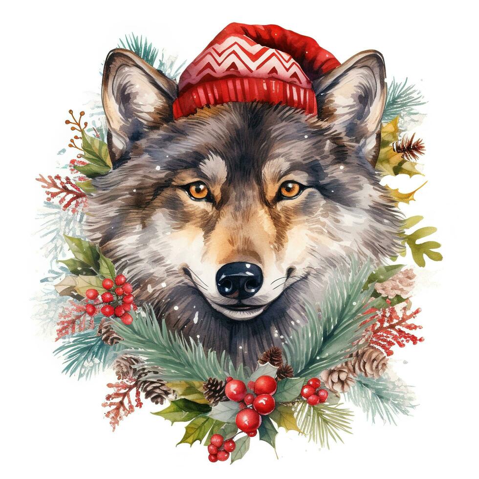 ai generato generativo ai, carino selvaggio lupo animale, Natale cappello e brutto maglioni, acquerello stile. foto