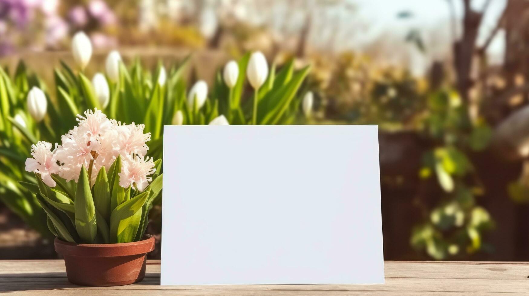 ai generato bianca saluto carta con vuoto davanti, realistico su un' modello modello nel un' di legno tavolo nel un' Pasqua lusso sfondo nel casa dentro, foto