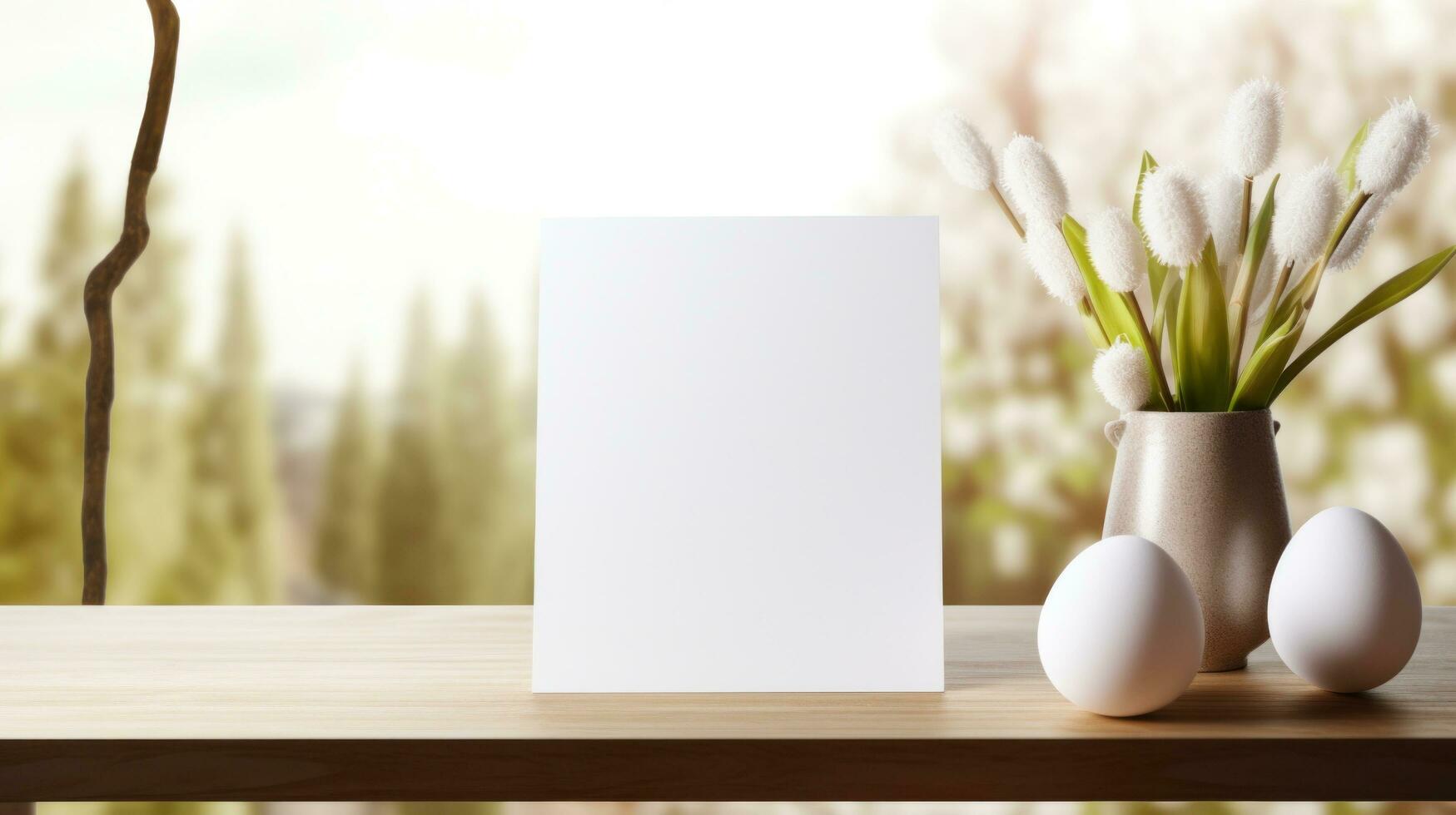 ai generato bianca saluto carta con vuoto davanti, realistico su un' modello modello nel un' di legno tavolo nel un' Pasqua lusso sfondo nel casa dentro, foto