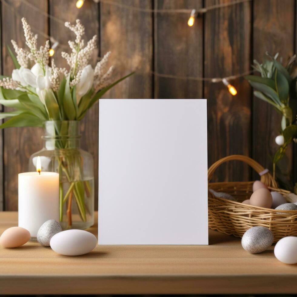 ai generato bianca saluto carta con vuoto davanti, realistico su un' modello modello nel un' di legno tavolo nel un' Pasqua lusso sfondo nel casa dentro, foto