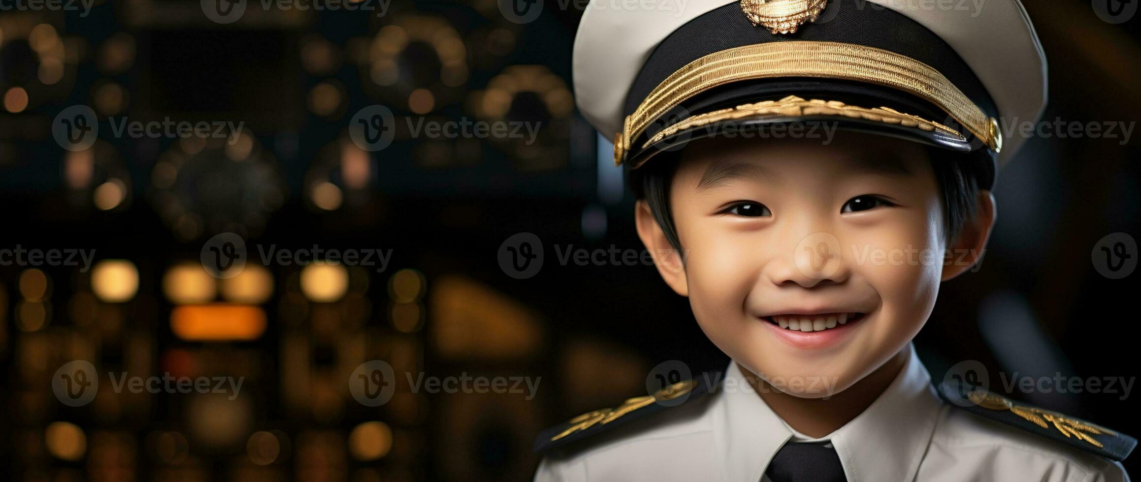 ai generato ritratto di giovane asiatico ragazzo indossare pilota uniforme foto