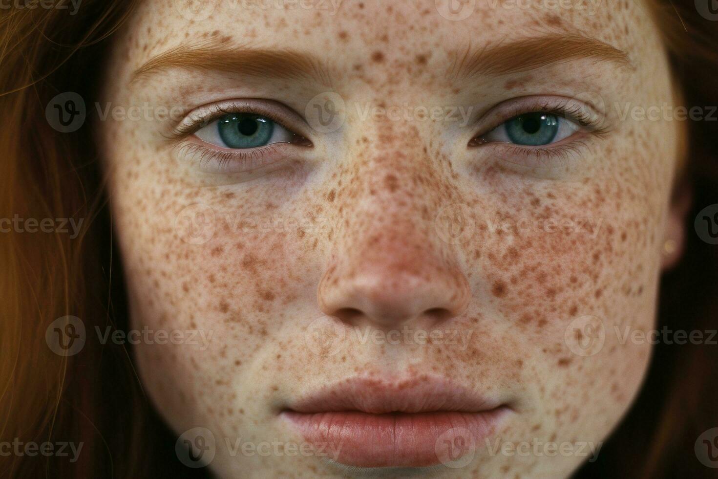 ai generato un' vicino su di un' donna con lentiggini, rosacea couperose arrossamento pelle foto