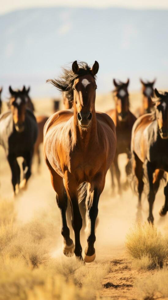 ai generato un' mandria di selvaggio mustang in esecuzione attraverso un' deserto paesaggio foto