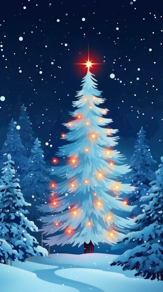ai generato inverno foresta con illuminato Natale albero foto