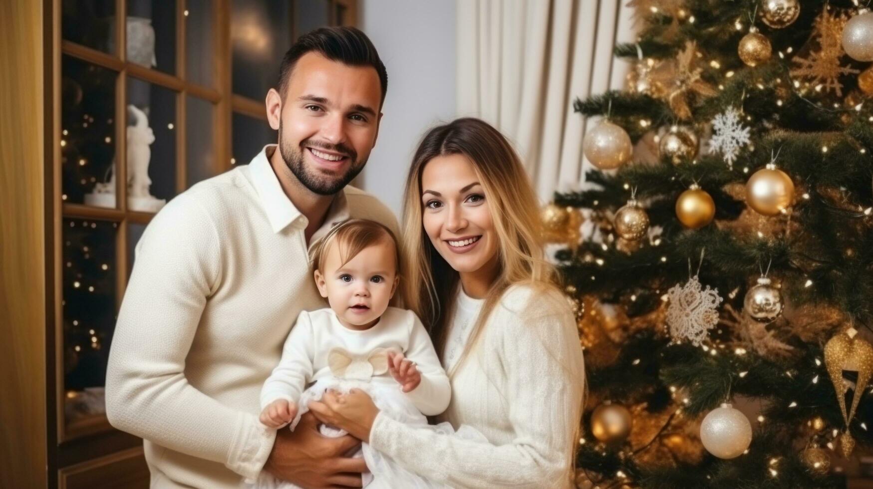 ai generato contento famiglia vicino Natale albero foto