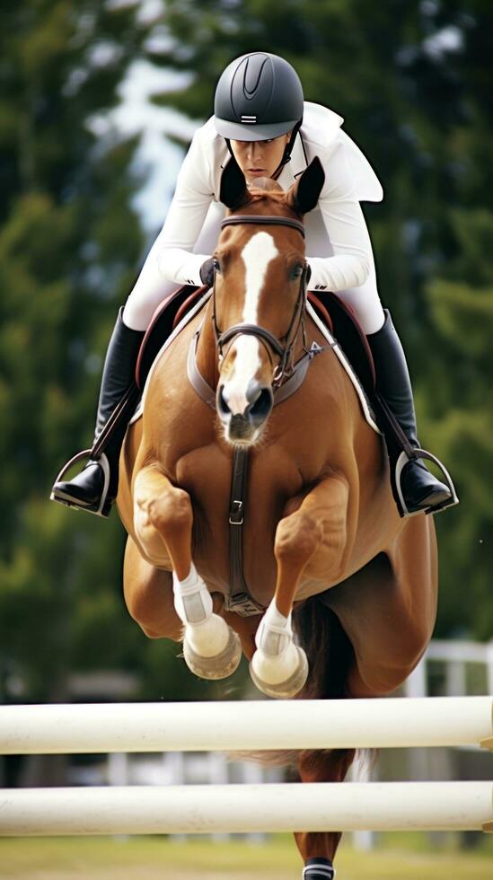 ai generato un' ciclista e cavallo Soaring al di sopra di un' serie di salti nel un equestre concorrenza foto