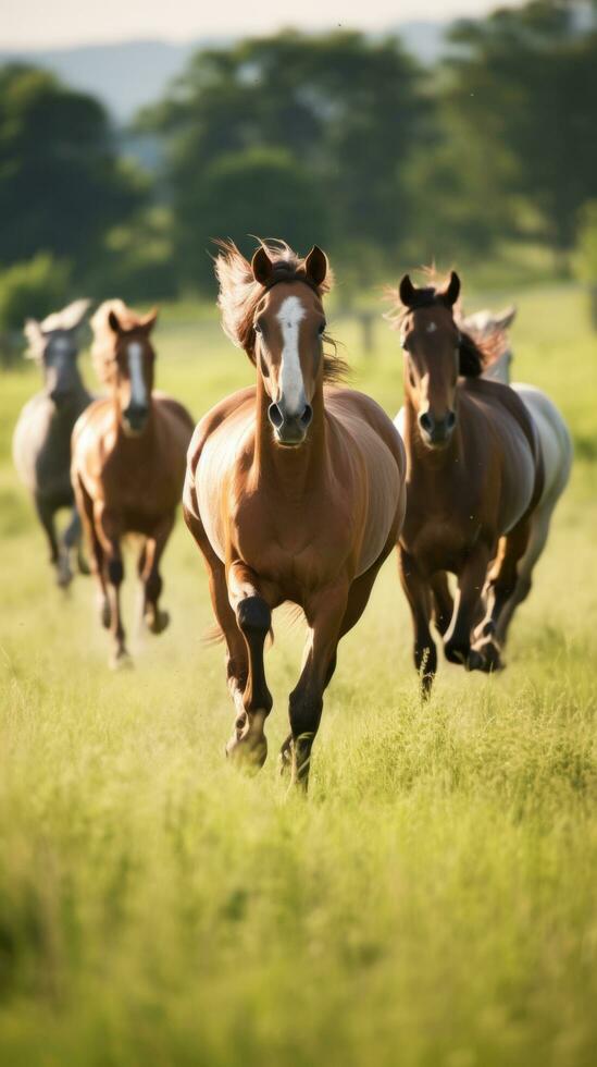 ai generato un' gruppo di cavalli in esecuzione attraverso un' prato, catturato nel un' dinamico azione tiro foto