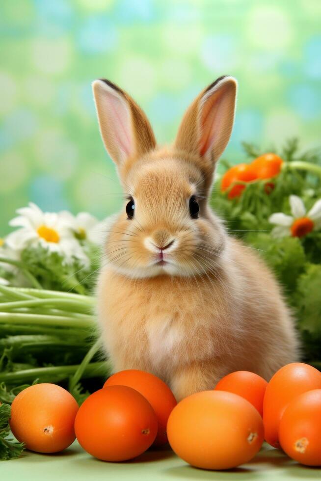 ai generato verde sfondo con un' carino e capriccioso Pasqua coniglietto nel il centro, circondato di primavera fiori foto