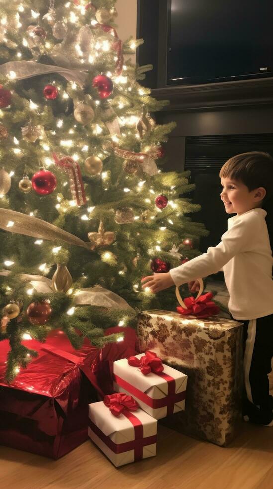 ai generato bambini animatamente guardare a decorazioni e i regali sotto il Natale albero. foto