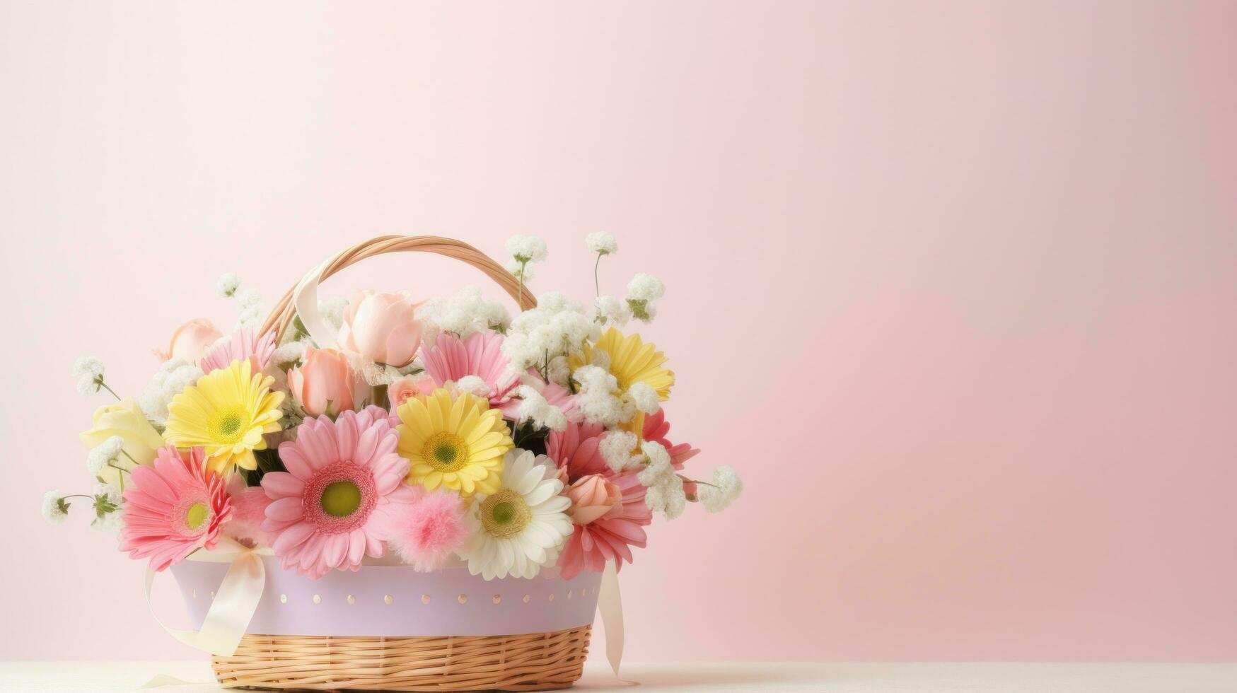 ai generato Pasqua cestino pieno con uova e svolazzanti farfalle, impostato contro un' leggero rosa sfondo foto