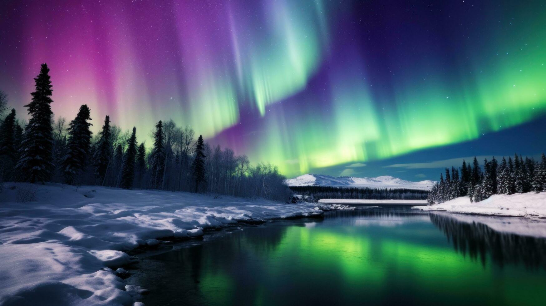 ai generato vivace colori di il settentrionale luci, con verde e viola tonalità danza attraverso il cielo. foto