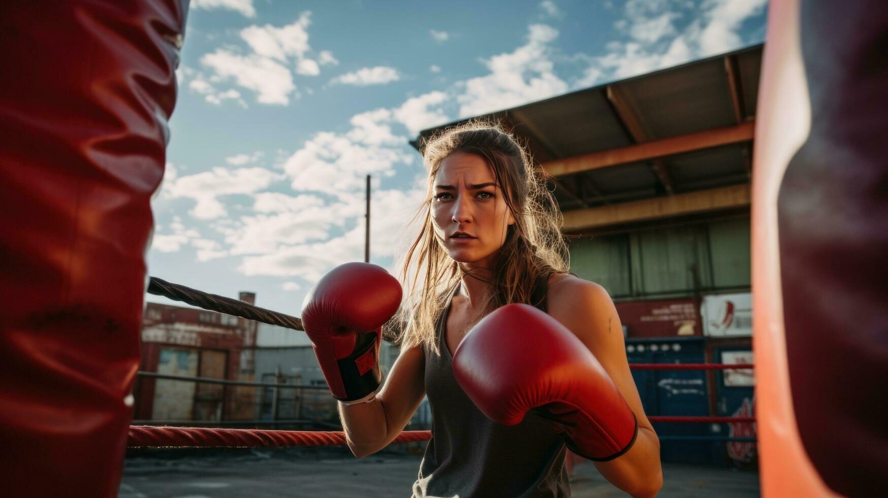 ai generato un' donna boxe con un' punzonatura Borsa, con un' grintoso, industriale ambientazione nel il sfondo foto