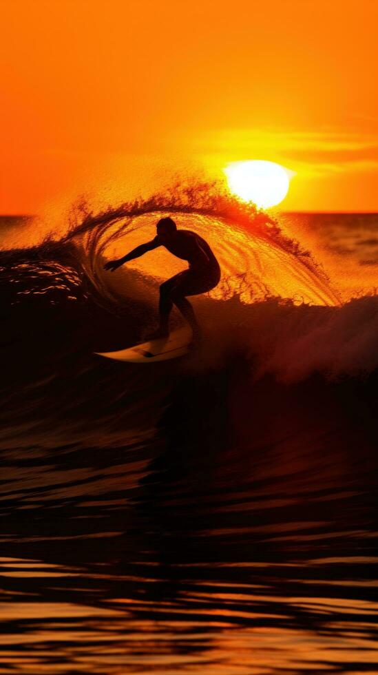 ai generato un' surfer equitazione un' onda nel il oceano, con il sole ambientazione dietro a loro foto