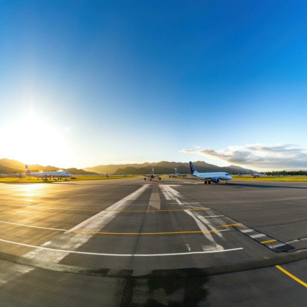 ai generato panoramico Visualizza di un aeroporto pista di decollo con aerei parcheggiata e nel movimento foto