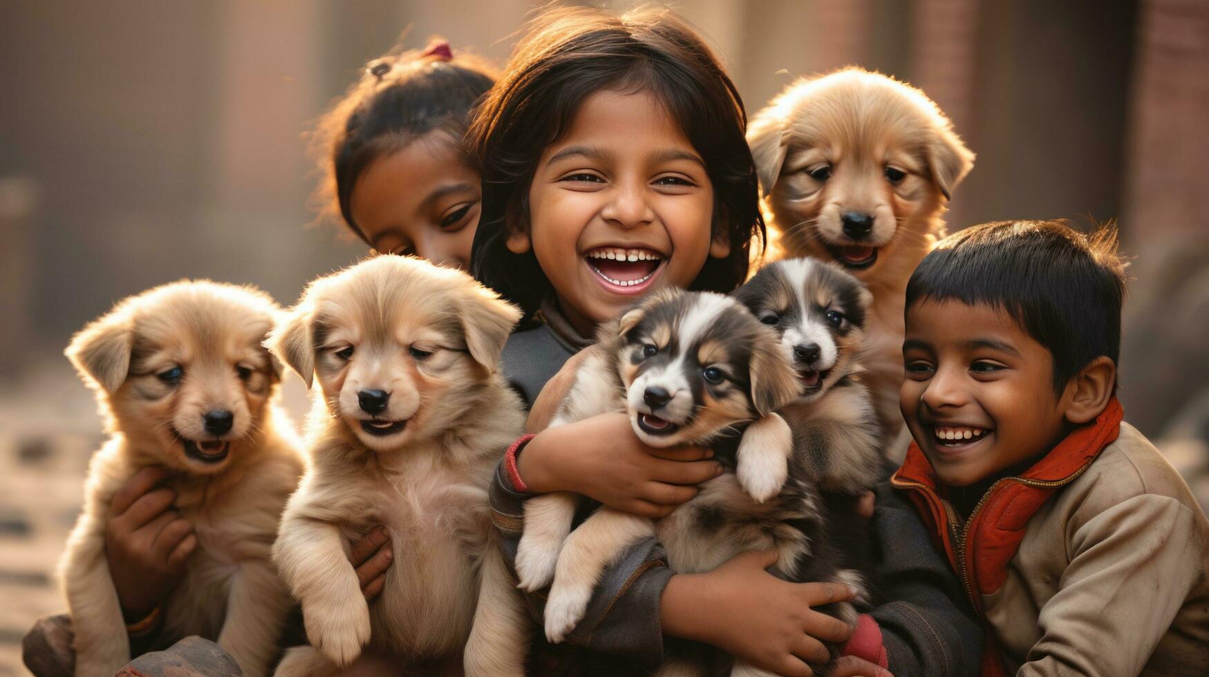 ai generato gruppo di bambini giocando con un' rifiuti di adorabile cuccioli, tutti di loro ghignante a partire dal orecchio per orecchio foto