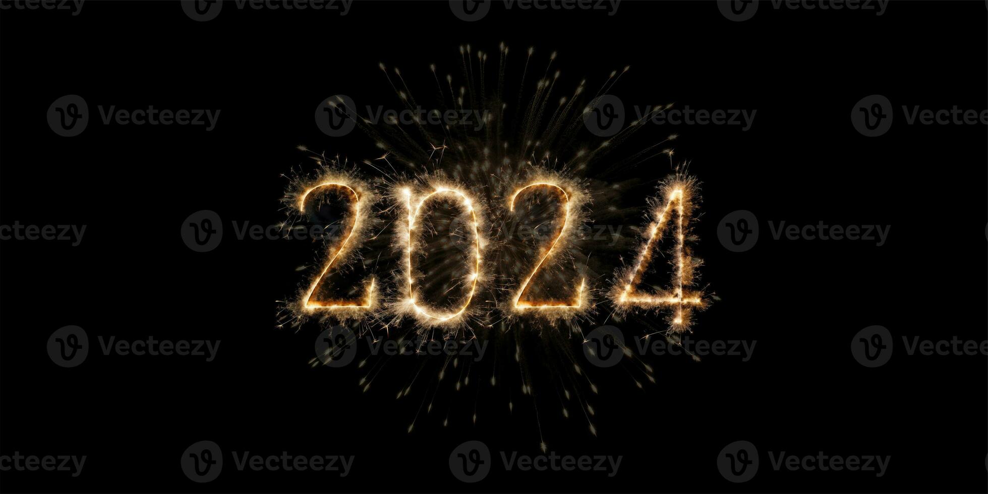 2024 scintillare e un' cracker nel sfondo con nero colore bellissimo sfondo sfondo per nuovo anno celebrazione foto