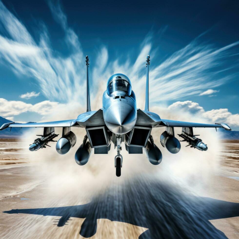ai generato combattente Jet volante a alto velocità contro un' blu cielo fondale foto