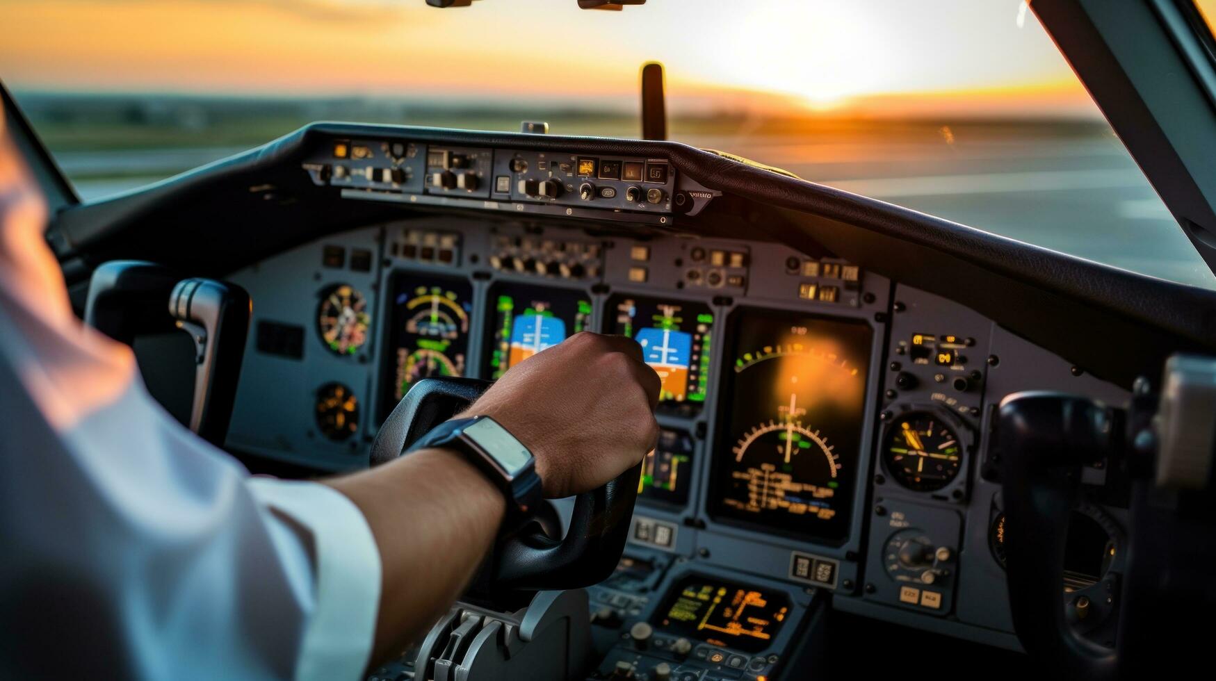 ai generato del pilota mano su il controlli di un aereo, con il cabina di pilotaggio strumenti visibile nel il sfondo foto