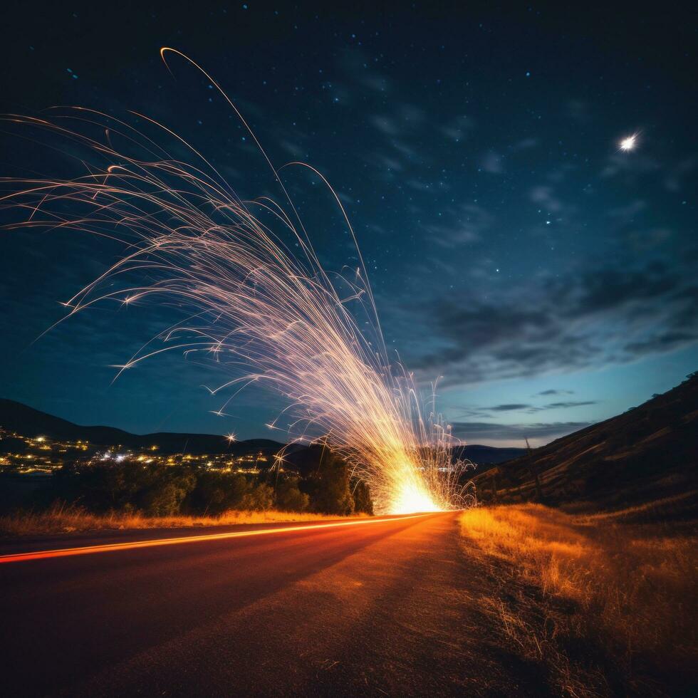 ai generato un artistico foto di fuochi d'artificio con un' lungo esposizione, la creazione di un' bellissimo pista di luci nel il cielo.