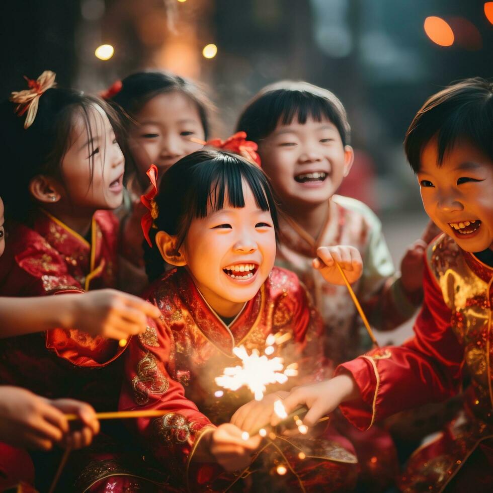 ai generato un' gruppo di sorridente bambini indossare tradizionale Cinese costumi mentre giocando con sparklers foto