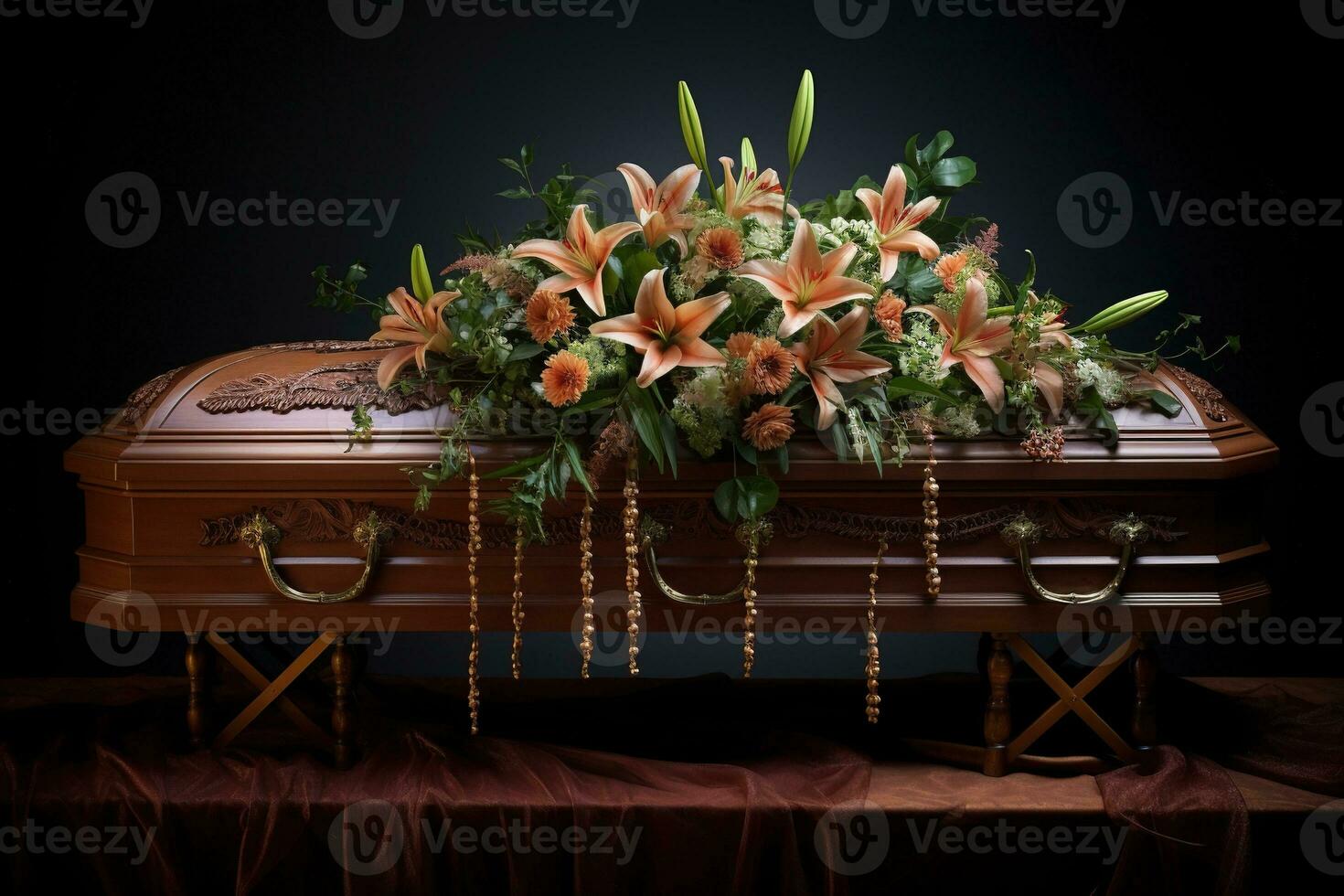 ai generato funerale cofanetto con fiori su buio sfondo foto