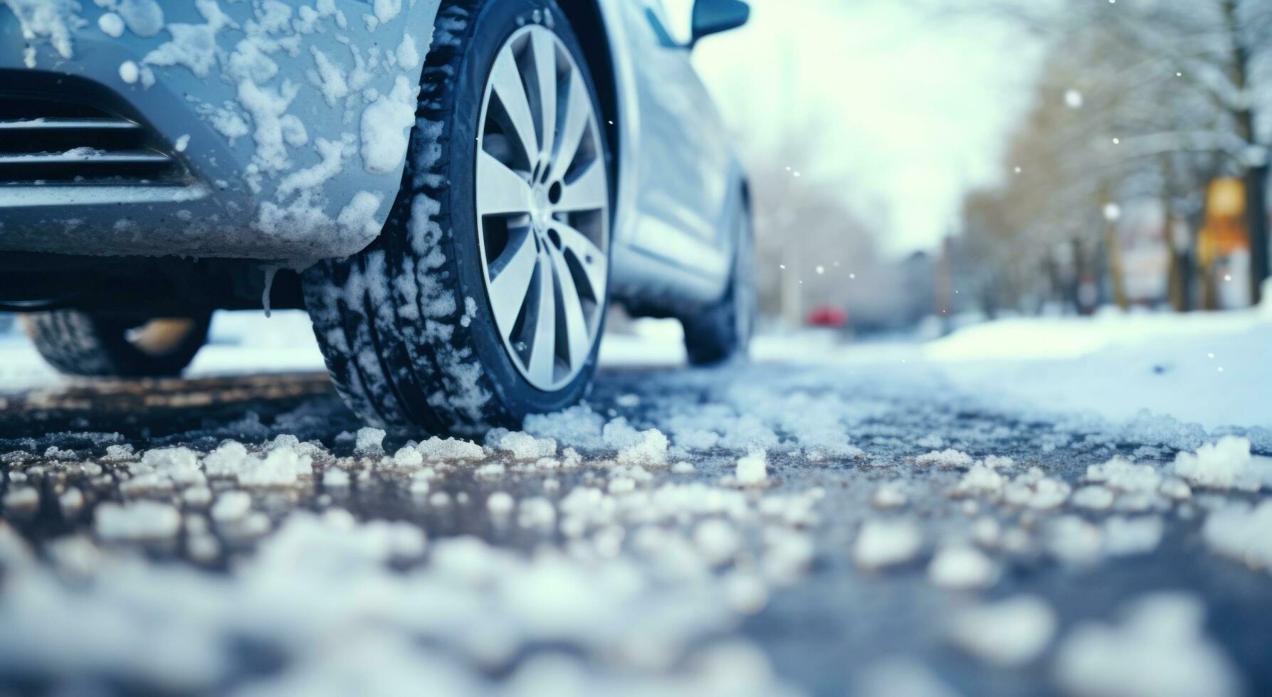 ai generato chiazza di petrolio inverno auto pneumatico scena isolato su bianca neve foto