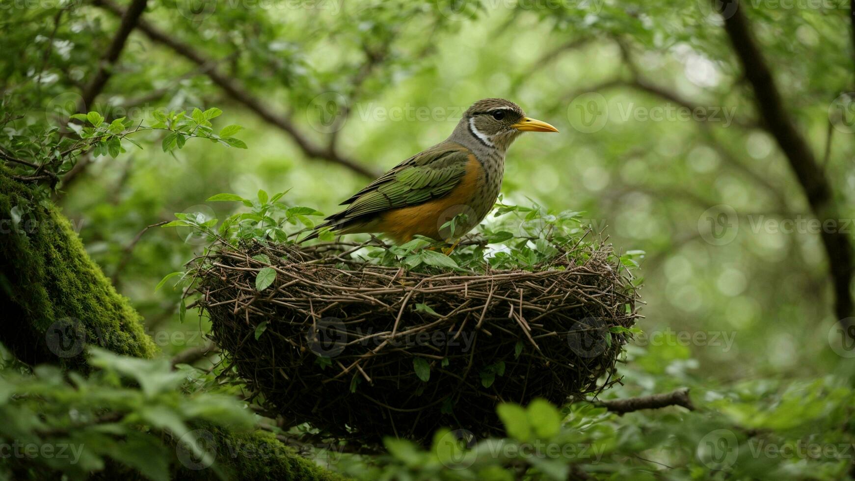 ai generato un' uccello è seduta su superiore di un' nido nel il foresta foto