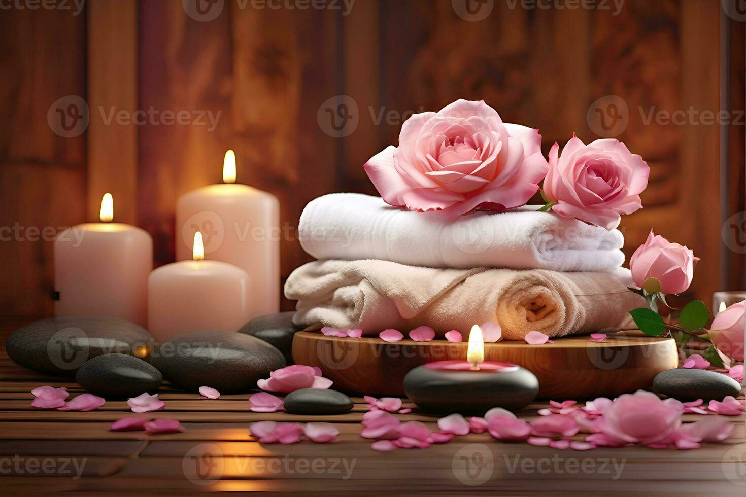 ai generato terme trattamento aroma terapia con candele, pietre e fiori per rilassare benessere. foto