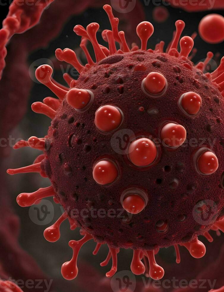 ai generato rosso virus cellula, covid 19, microscopico foto
