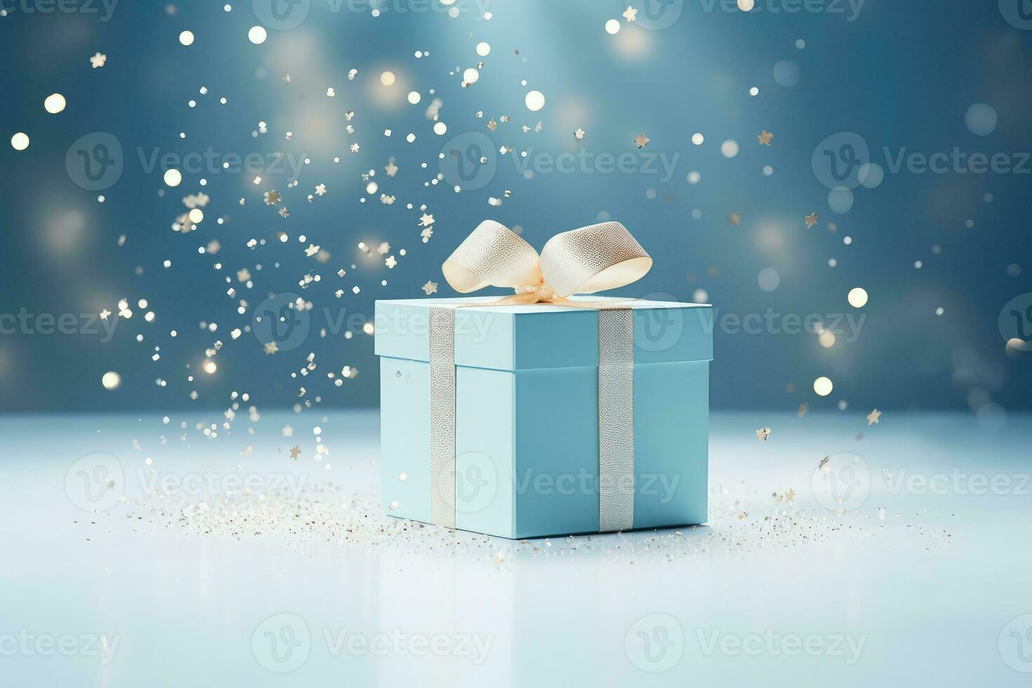 ai generato blu regalo scatole con un' d'oro arco su festivo luccicante bokeh coriandoli sfondo foto