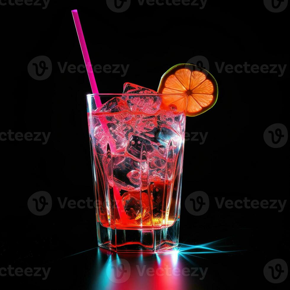 ai generato cocktail con un' cannuccia. estate aperitivo con Ghiaccio. neon colore, anni 90 stile. vacanza, festa o vacanza foto