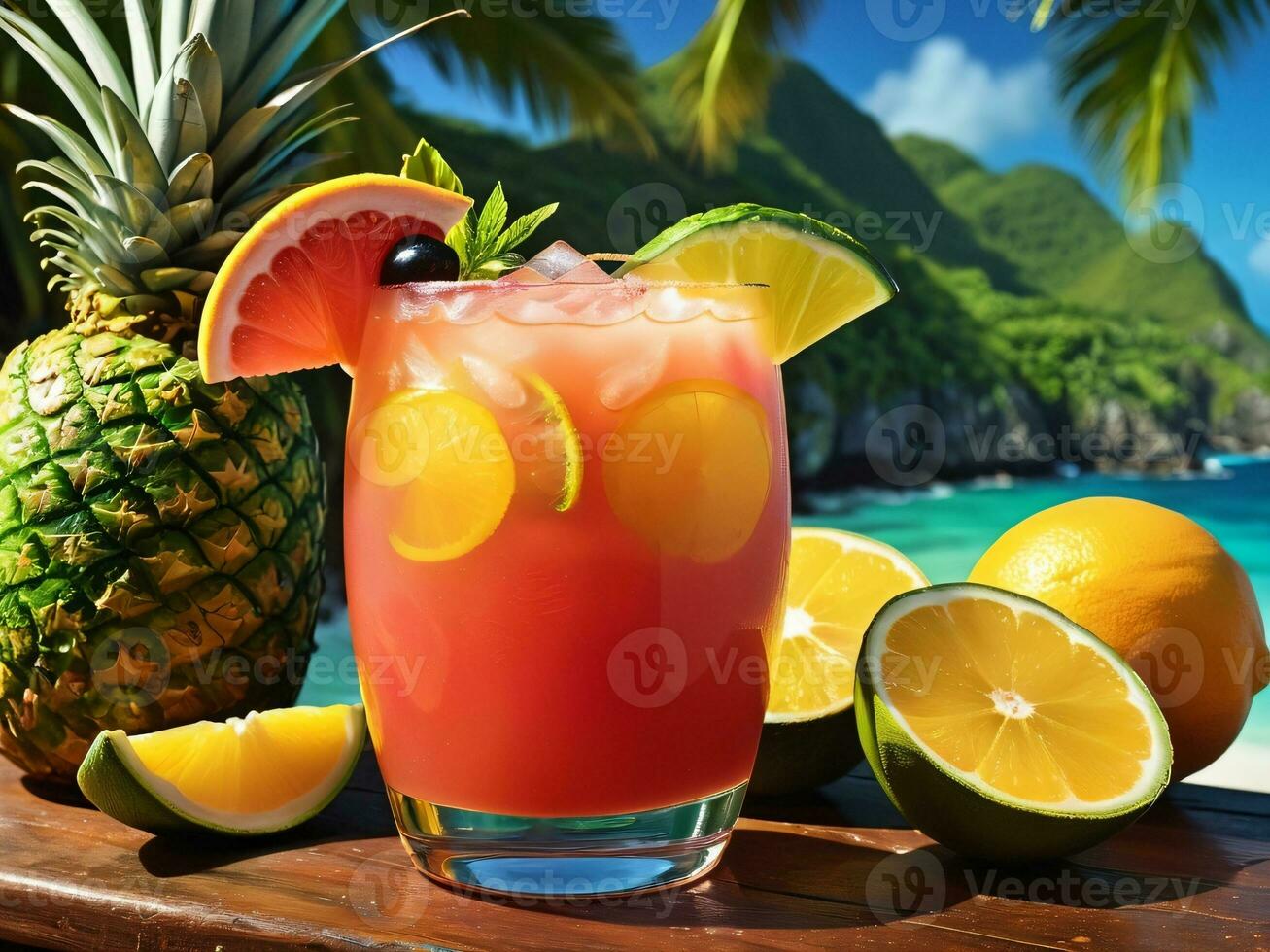 ai generato tropicale beatitudine sorso su vivace e fruttato Rum punch per un' caraibico conto alla rovescia celebrazione. ai generato. foto