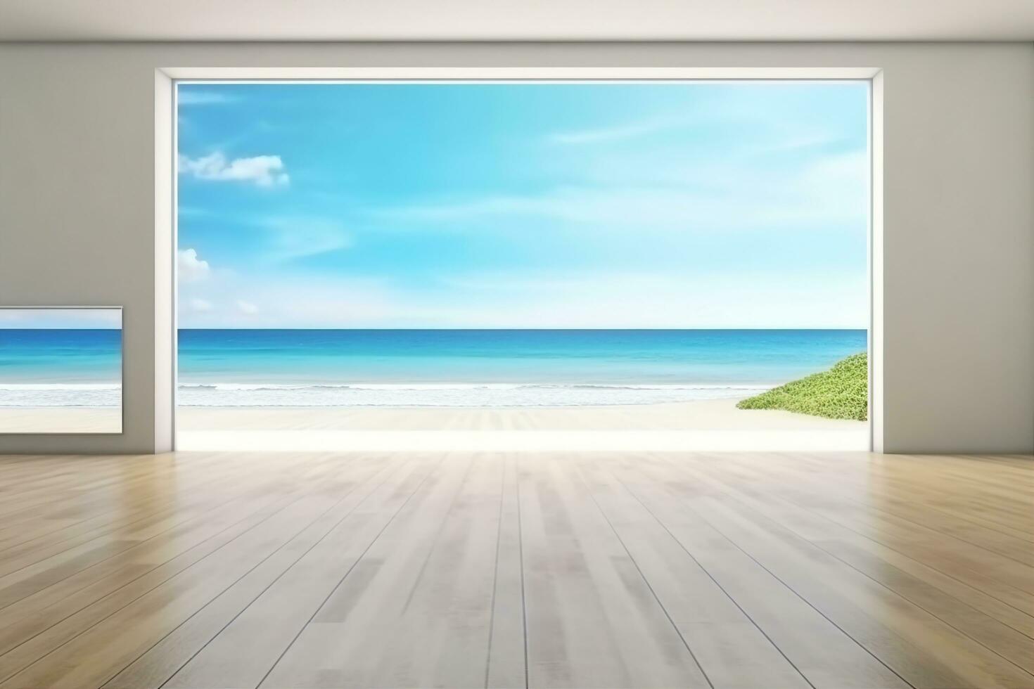 ai generato mare Visualizza grande vivente camera di lusso estate spiaggia Casa con vuoto di legno pavimento. interno 3d illustrazione nel vacanza casa o vacanza villa. generatrice ai. foto