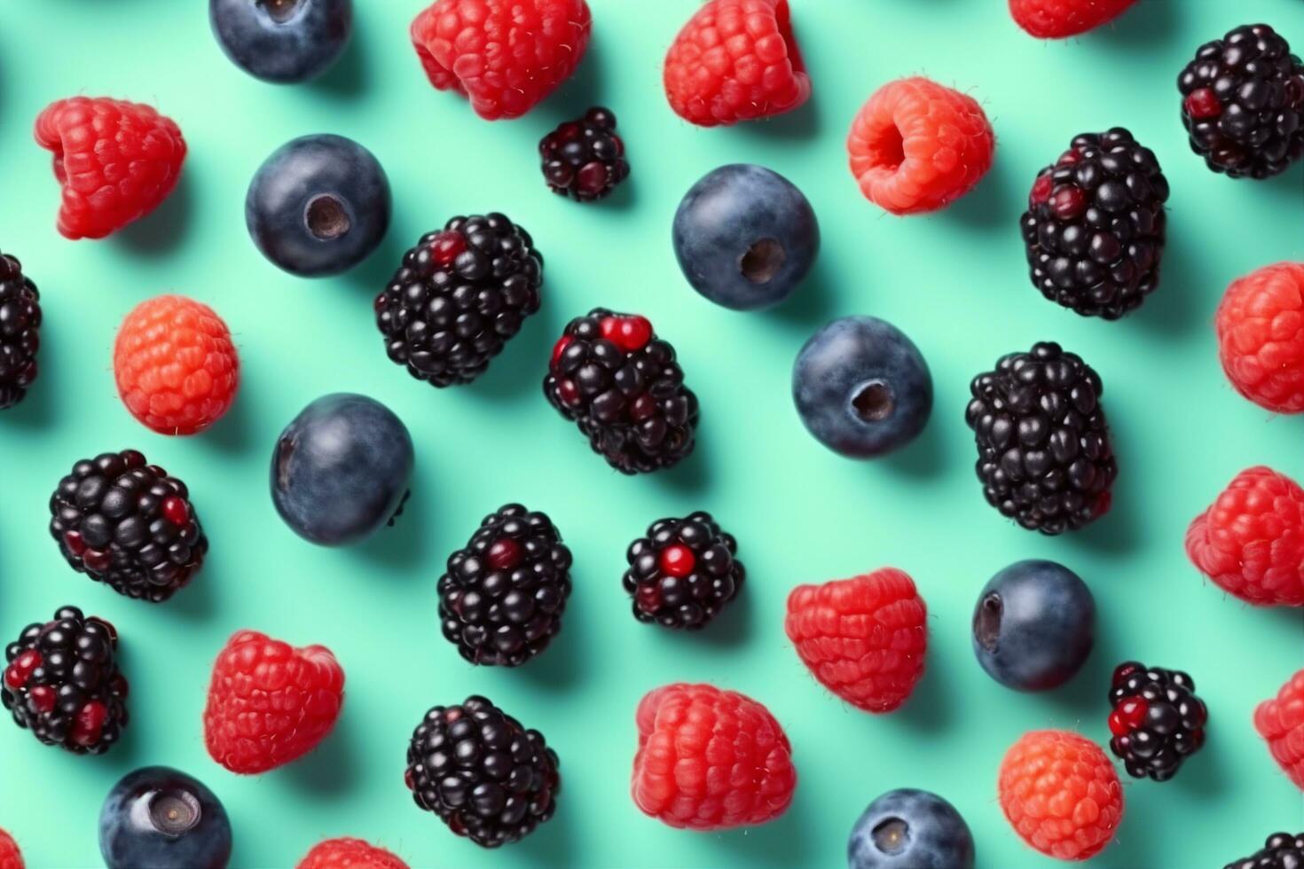 ai generato colorato frutta modello di selvaggio frutti di bosco su blu sfondo. lamponi, mirtilli e more. superiore Visualizza. piatto posizione. generativo ai. foto