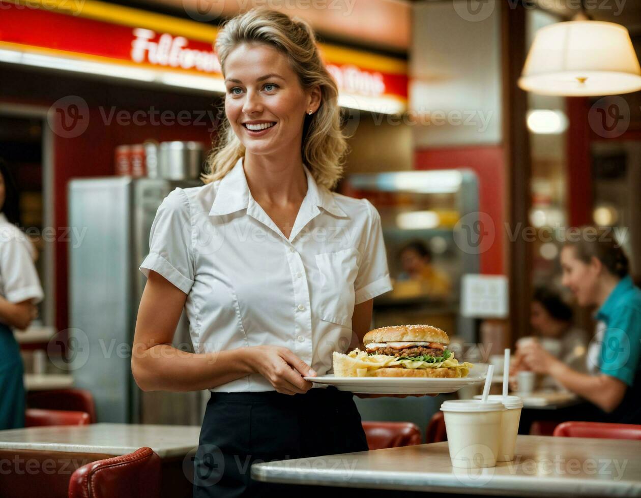 ai generato foto di bellissimo donna come un' cameriera servendo cibo nel retrò cenare ristorante, generativo ai