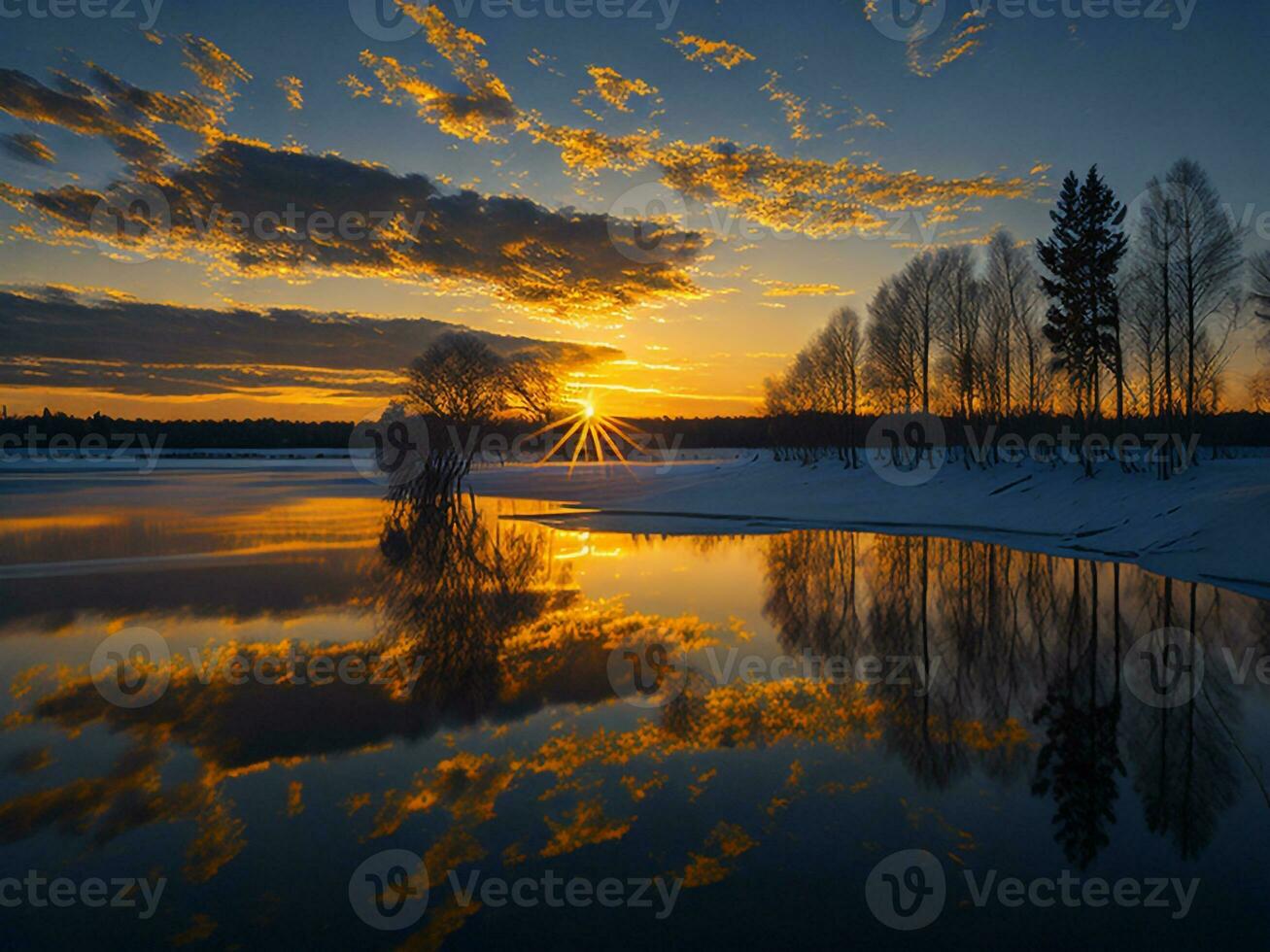 ai generato un Immagine di un' vivace tramonto al di sopra di un' sereno lago, con colorato riflessi scintillante su il acqua con neve foto