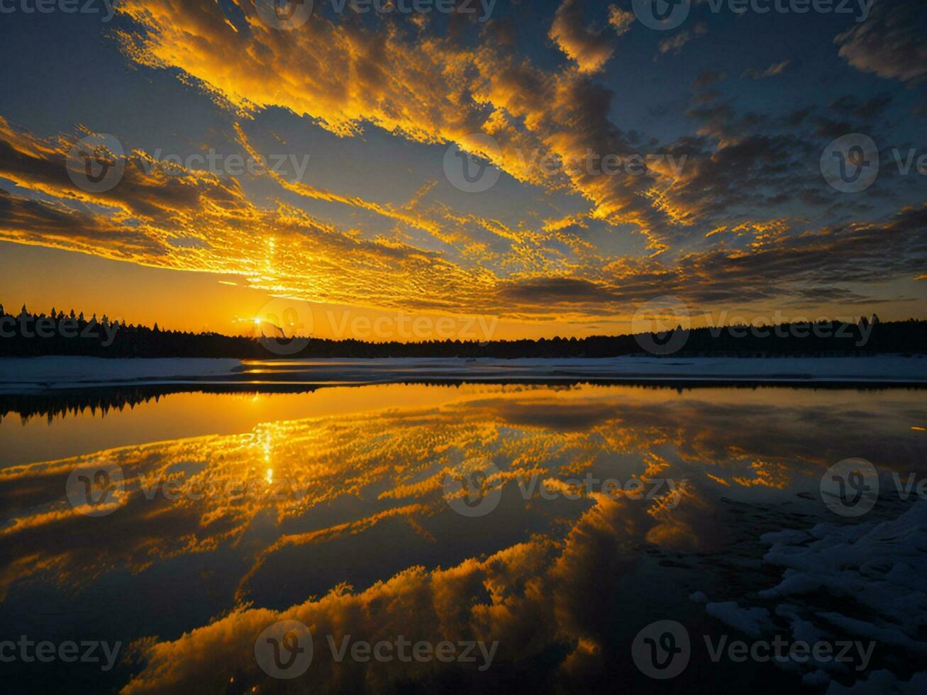 ai generato un Immagine di un' vivace tramonto al di sopra di un' sereno lago, con colorato riflessi scintillante su il acqua con neve foto