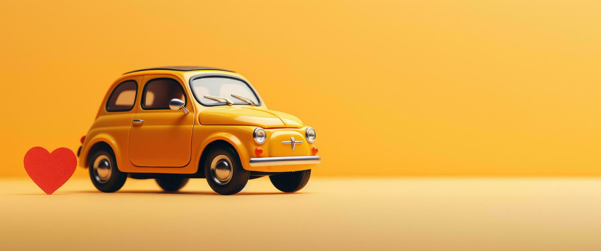 ai generato un' piccolo auto è su superiore di un' giallo sfondo e ha il cuore sagomato su superiore di esso foto