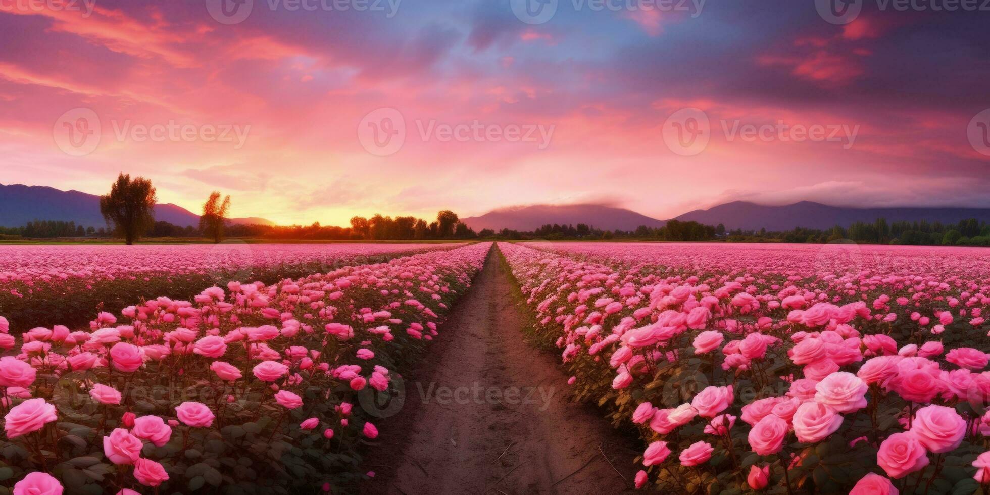 ai generato rosa campo nel il Alba mattina con bellissimo cielo foto