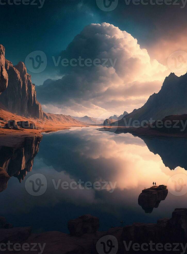 ai generato super tramonto Visualizza nel il fiume realistico foto