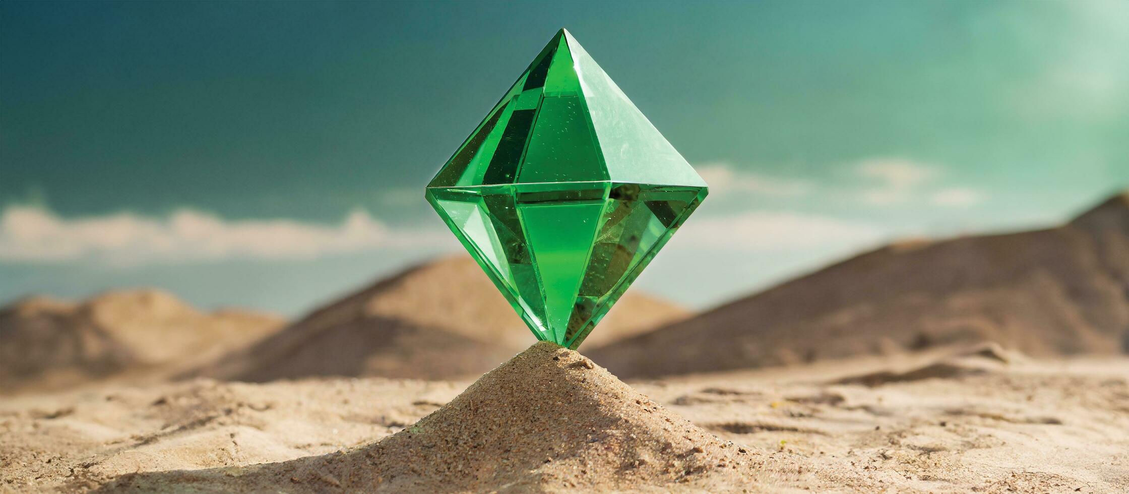 ai generato un' verde cristallo tetraedro su sabbioso terreno sotto un' chiaro cielo. generato Immagine foto