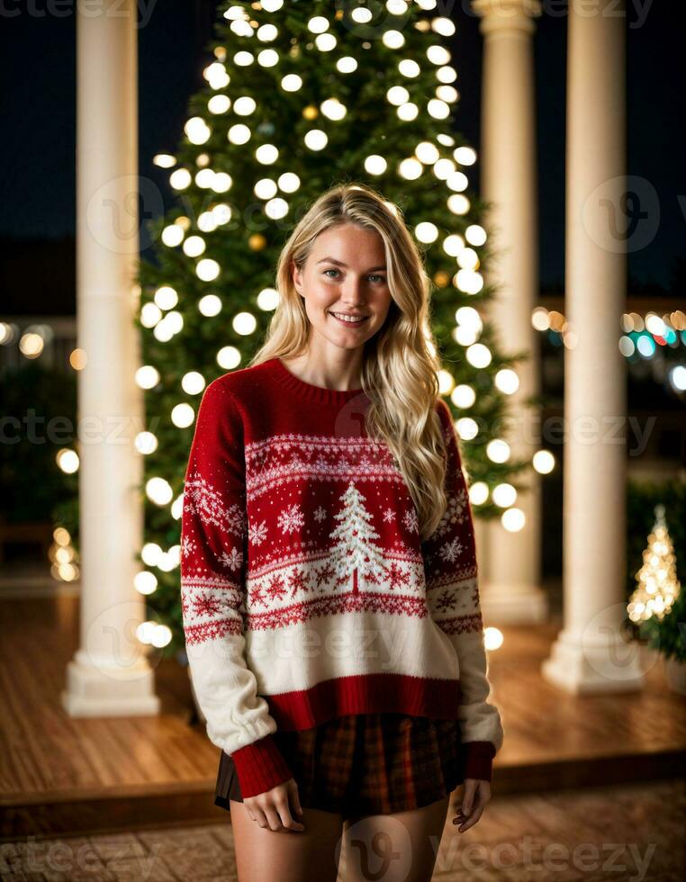 ai generato foto di bellissimo donna con bionda capelli nel maglione in piedi nel davanti di Natale albero , generativo ai