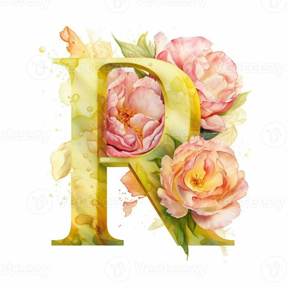 ai generato creativo lettera r concetto fatto di fresco giallo e rosa peonia foto