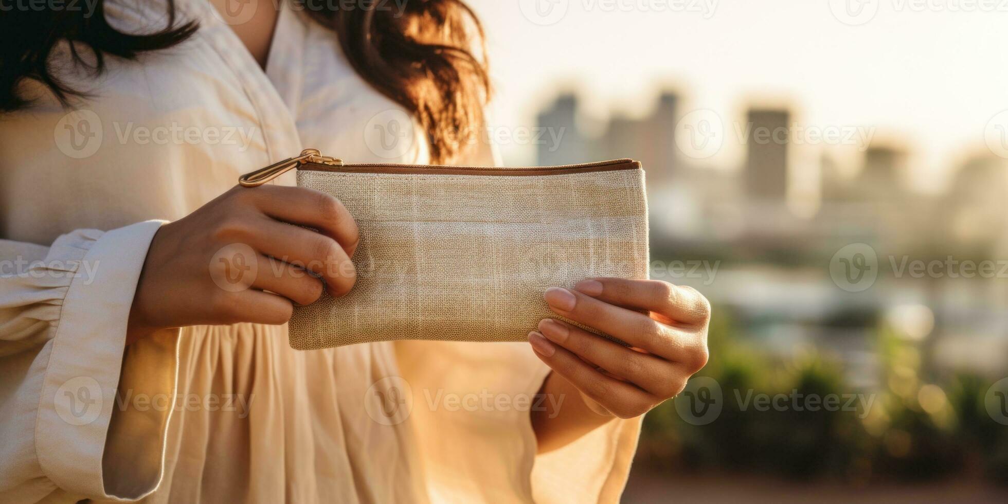 ai generato un' donna Tenere un' beige borsa con un' città nel il sfondo, ai foto