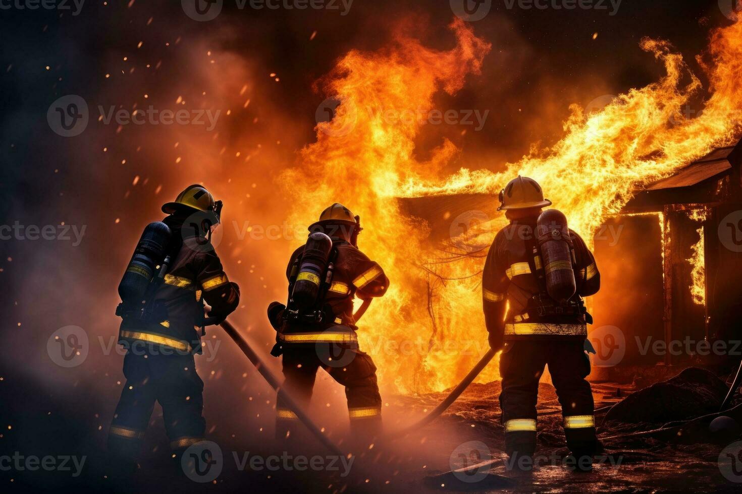 ai generato squadra di i vigili del fuoco estinzione sfolgorante fiamme foto