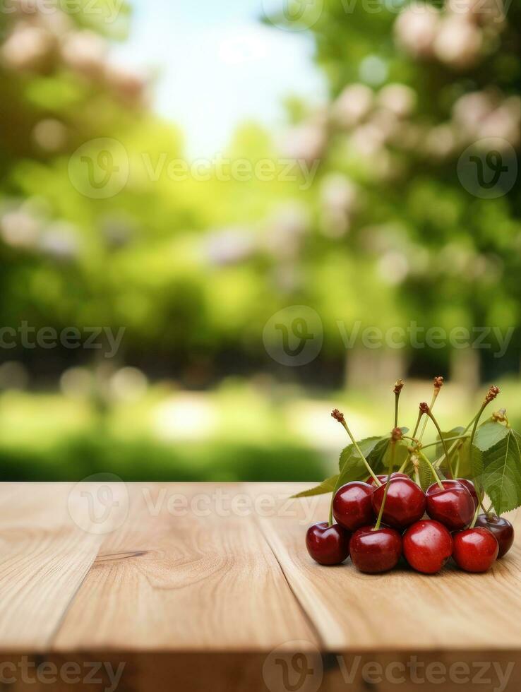 ai generato fresco ciliegia su di legno tavolo con sfocato biologico azienda agricola sfondo, spazio per Prodotto Schermo. foto