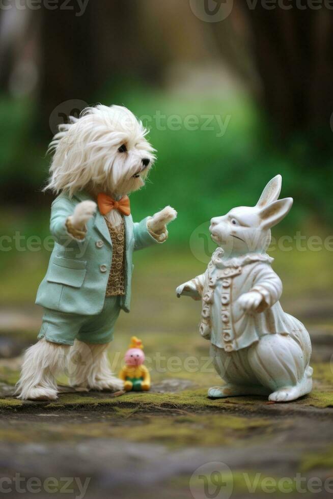 ai generato un' piccolo cane e coniglio figurine in piedi Il prossimo per ogni Altro, ai foto