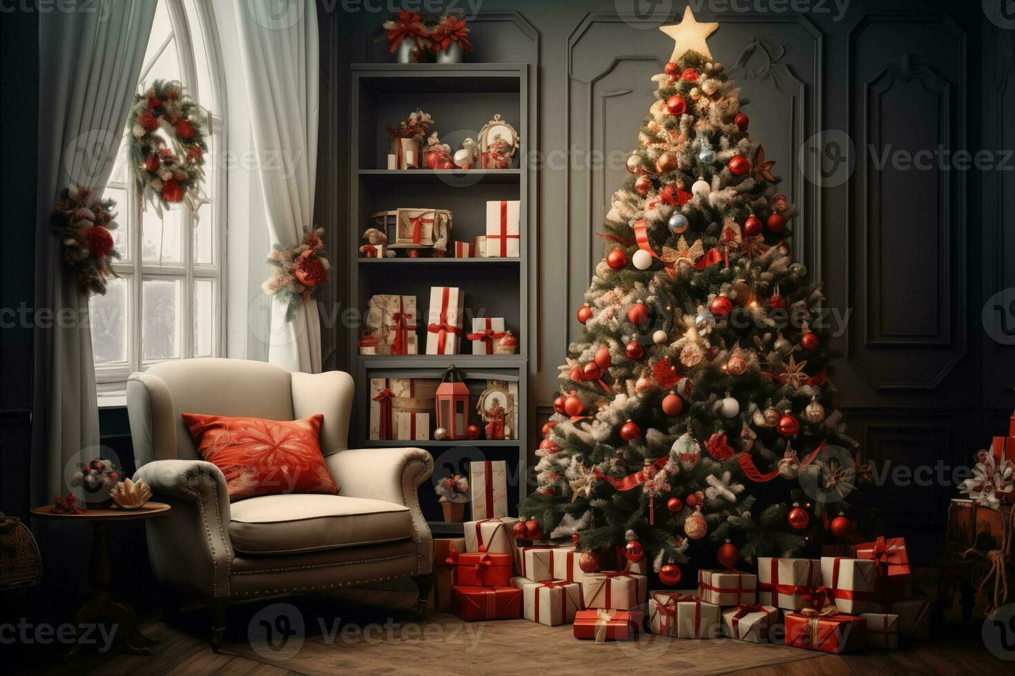 ai generato bellissimo Natale albero nel il vivente camera a casa. nuovo anno, Festival decorazione e celebrare foto