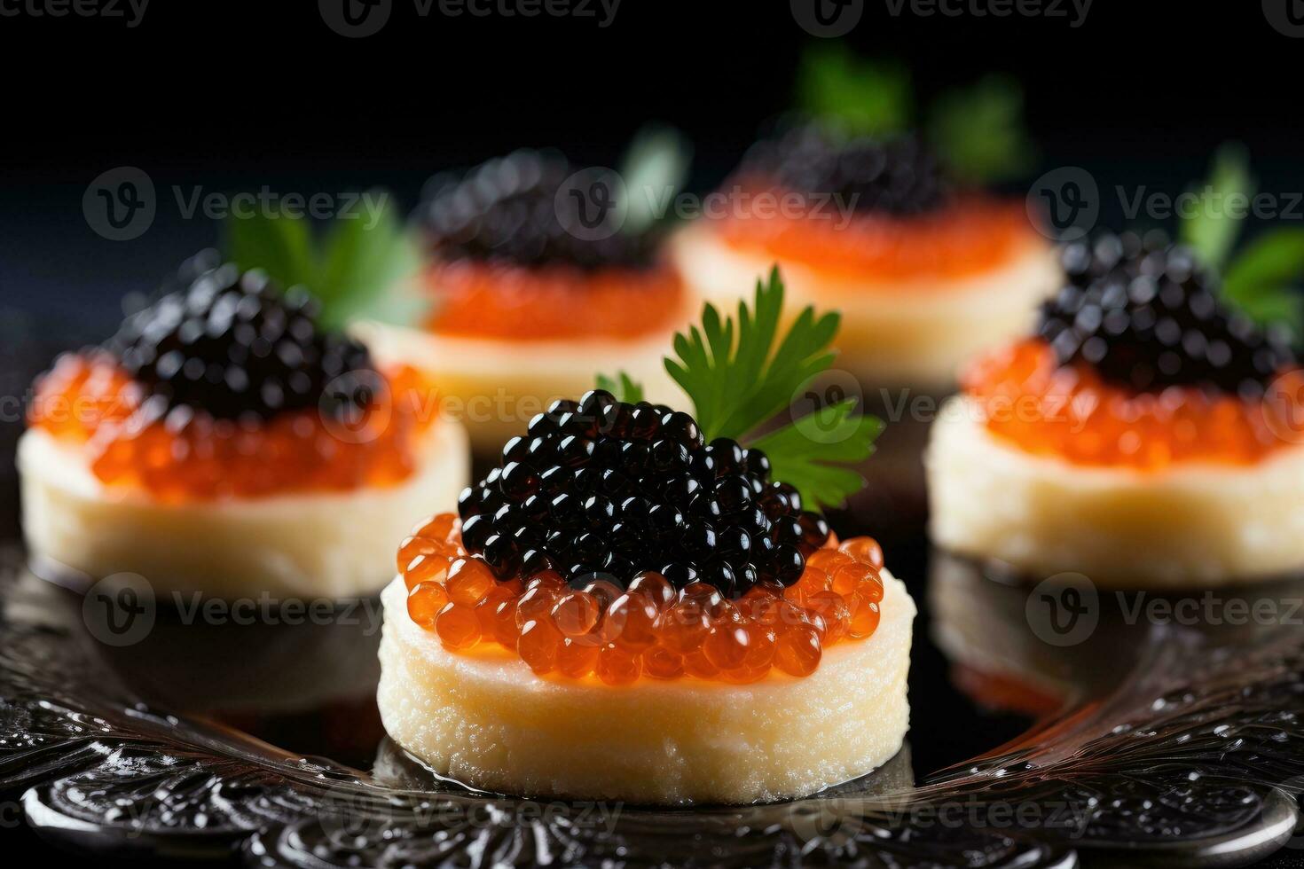 ai generato nero e rosso pesce caviale. tartine con caviale foto