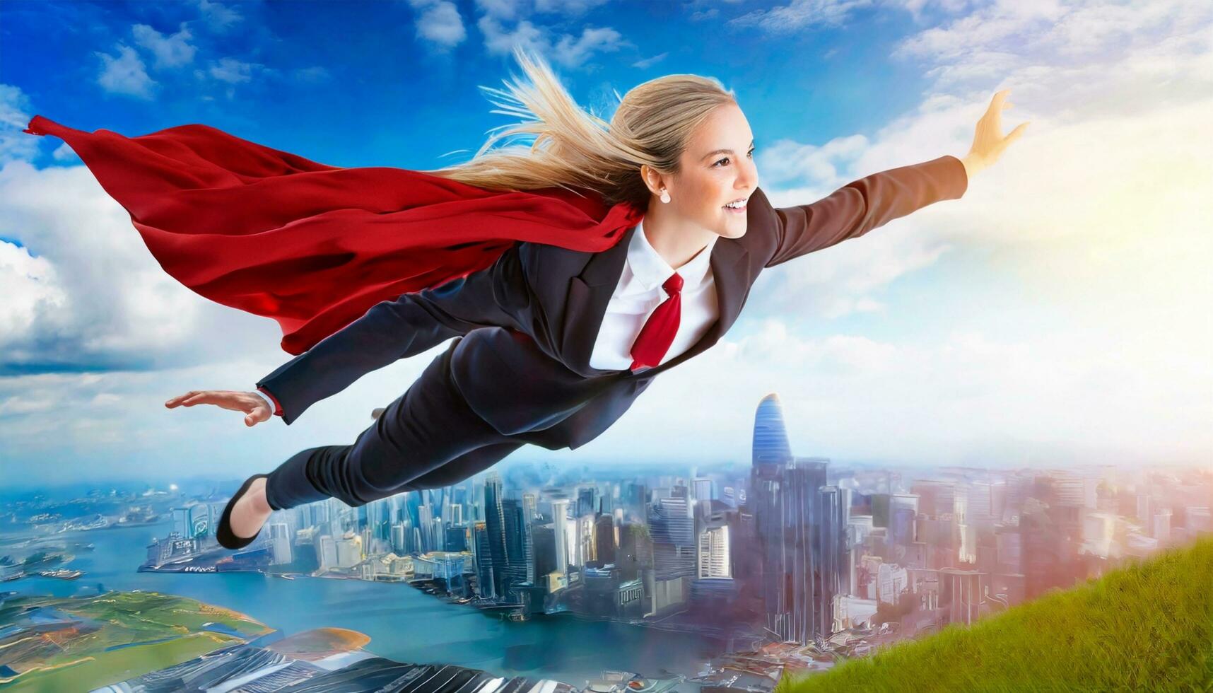 ai generato supereroe donna d'affari con rosso capo volante nel il aria con paesaggio urbano sfondo foto
